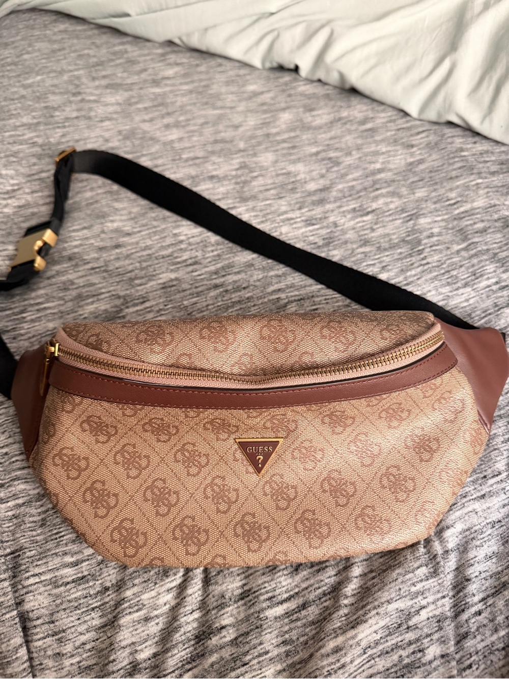 Guess Tan/Brown Logo Belt Bag with Gold Trim